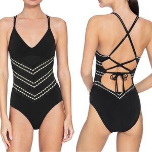 Robin Piccone Black One-Piece Chevron Swimsuit with Crisscross Strappy Back